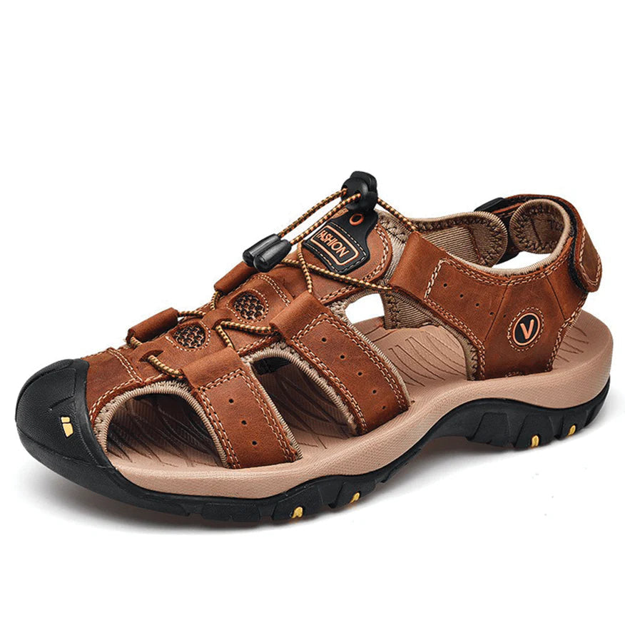 Men's Genuine Leather Sandals Outdoor Roman Beach Shoes with Closed Toe Protection