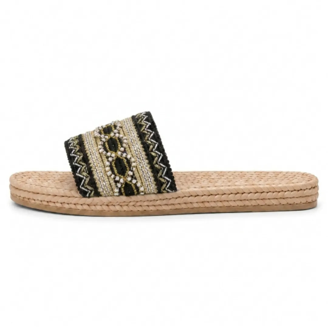 Damesandaler med broderi, boheme-stil, flade, åbne tæer, slip-on sko