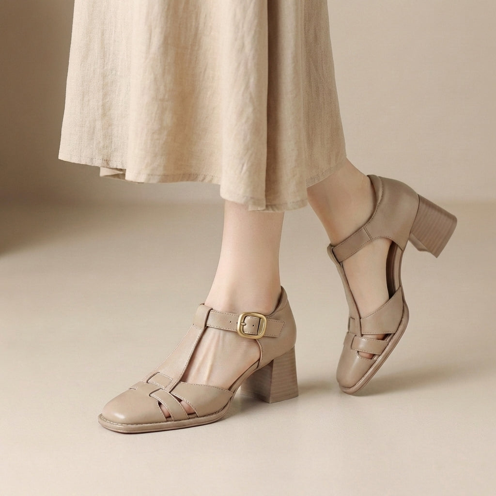 Sandales à talon bloc en similicuir pour femmes, bout carré, devant cage, chaussures confortables