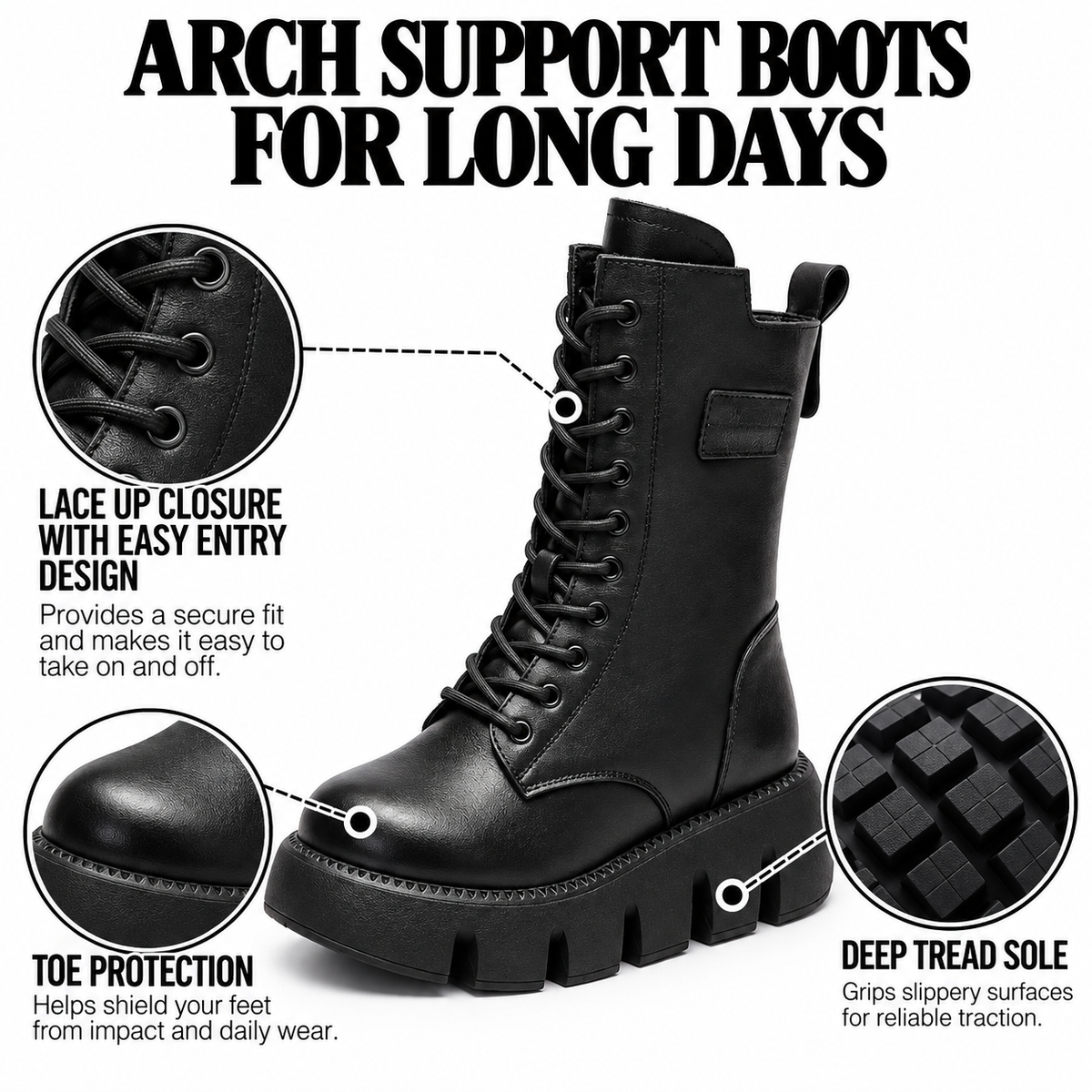 Bottes de Combat à Plateforme avec Soutien de la Voûte Plantaire pour Femmes – Semelle Antidérapante, Fermeture à Lacets