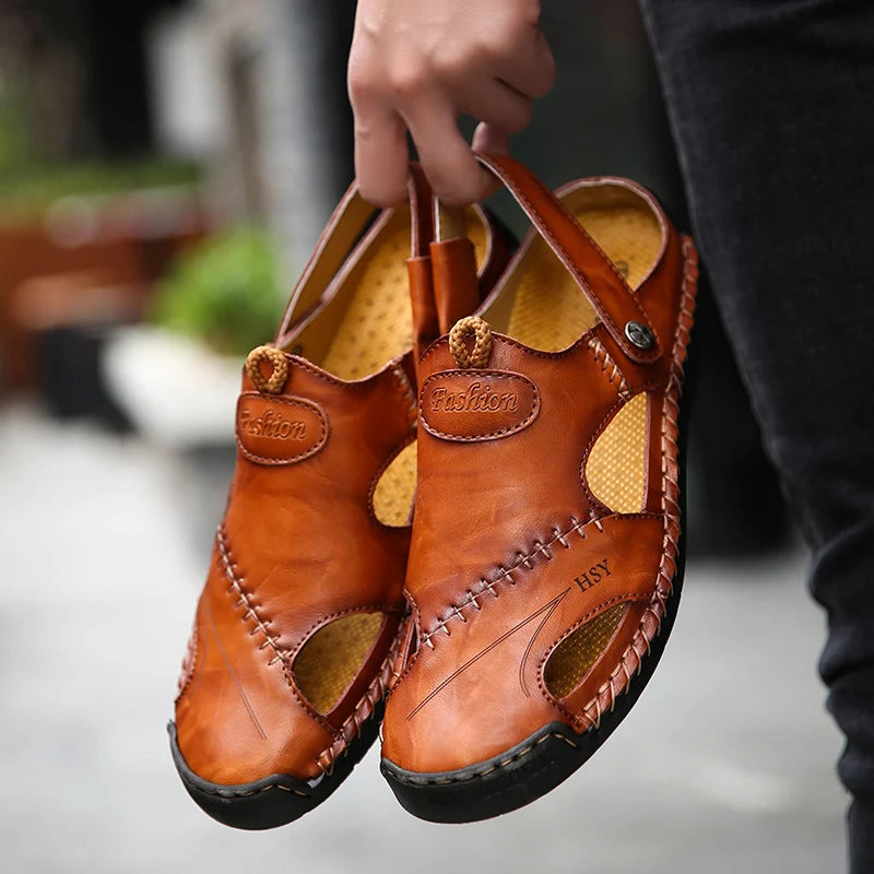Herresandaler med lukket tå, læder, bueunderstøttelse, slip-on