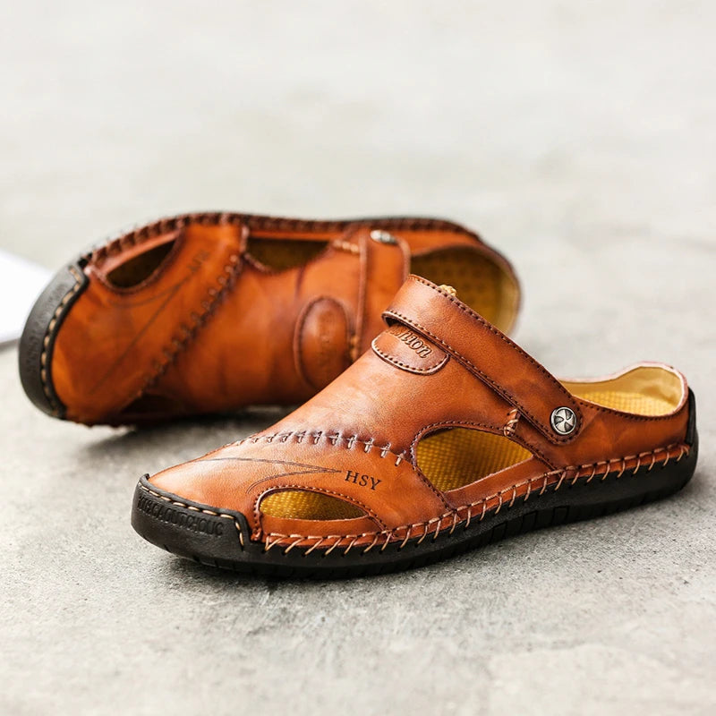 Herresandaler med lukket tå, læder, bueunderstøttelse, slip-on