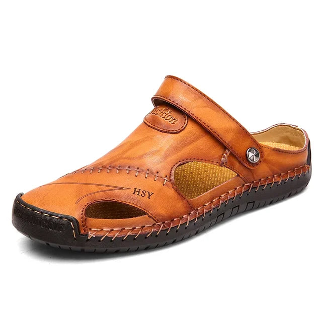 Herresandaler med lukket tå, læder, bueunderstøttelse, slip-on