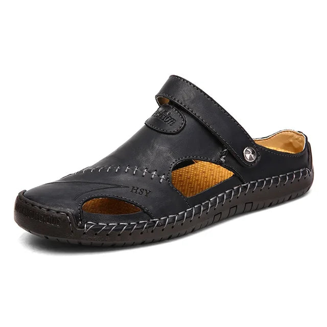 Herresandaler med lukket tå, læder, bueunderstøttelse, slip-on