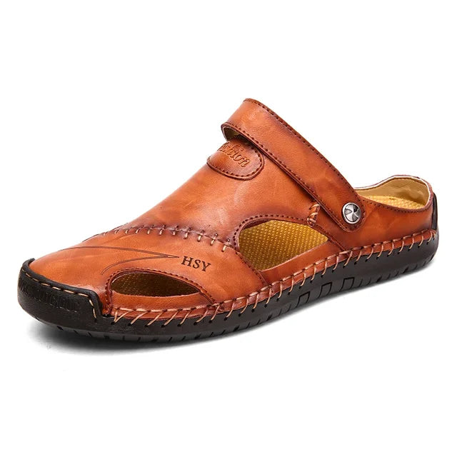 Herresandaler med lukket tå, læder, bueunderstøttelse, slip-on