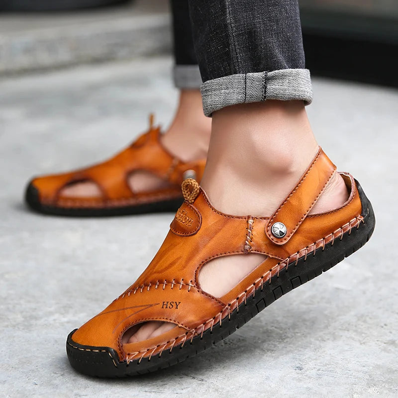 Herresandaler med lukket tå, læder, bueunderstøttelse, slip-on