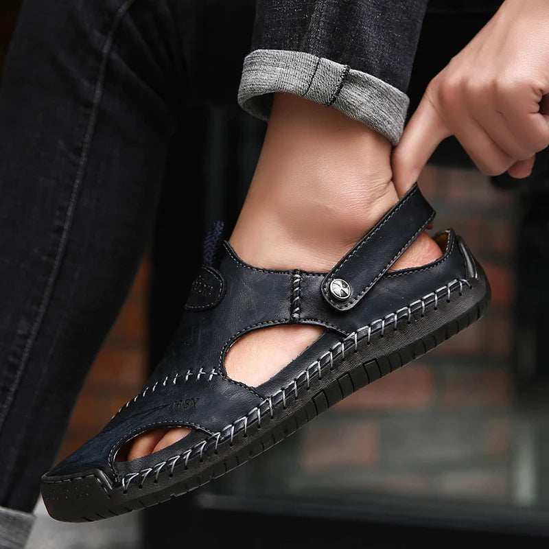 Herresandaler med lukket tå, læder, bueunderstøttelse, slip-on