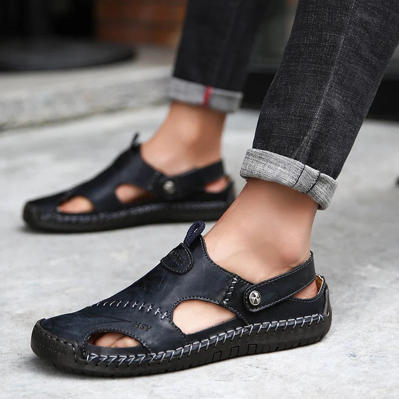 Herresandaler med lukket tå, læder, bueunderstøttelse, slip-on