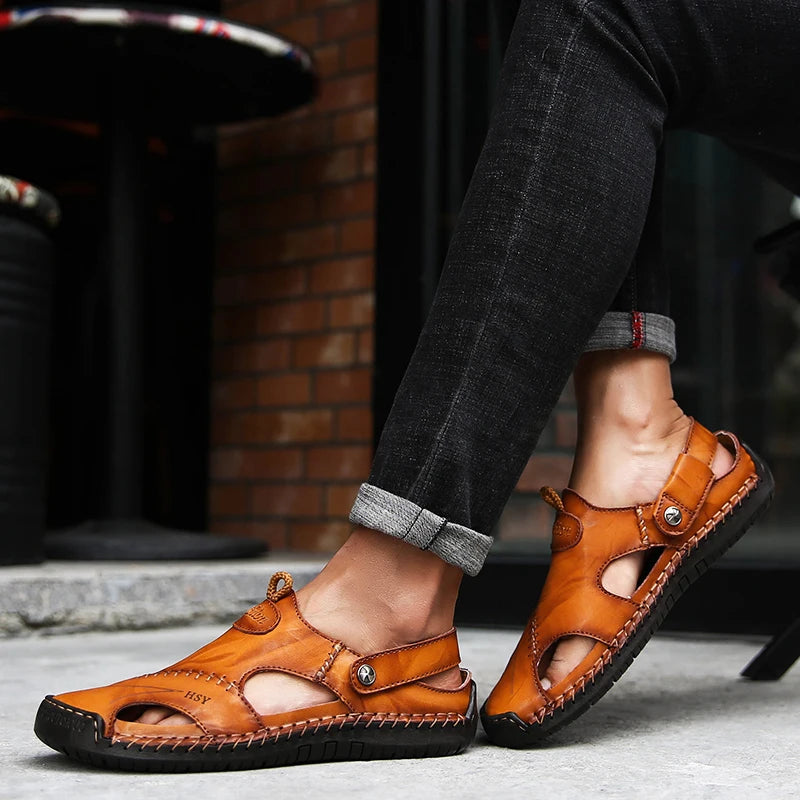 Herresandaler med lukket tå, læder, bueunderstøttelse, slip-on