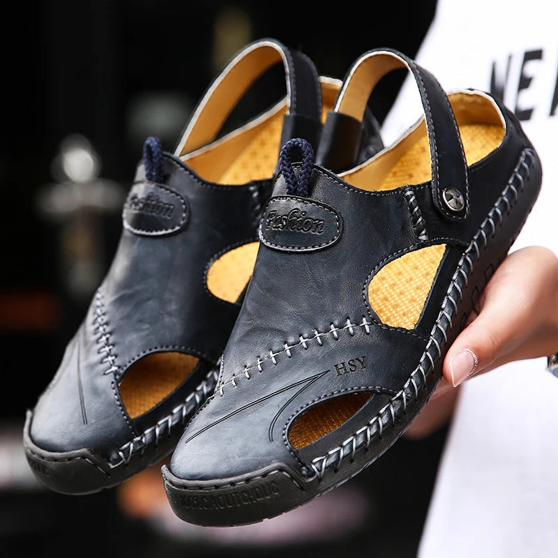 Herresandaler med lukket tå, læder, bueunderstøttelse, slip-on