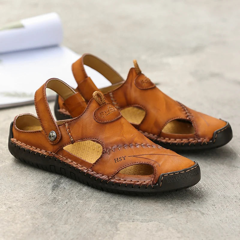 Herresandaler med lukket tå, læder, bueunderstøttelse, slip-on