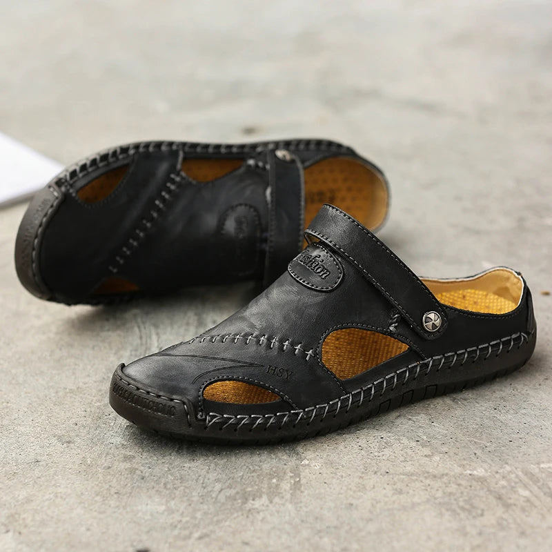 Herresandaler med lukket tå, læder, bueunderstøttelse, slip-on