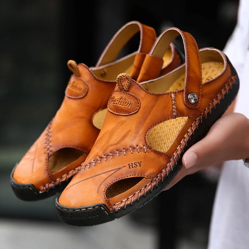 Herresandaler med lukket tå, læder, bueunderstøttelse, slip-on