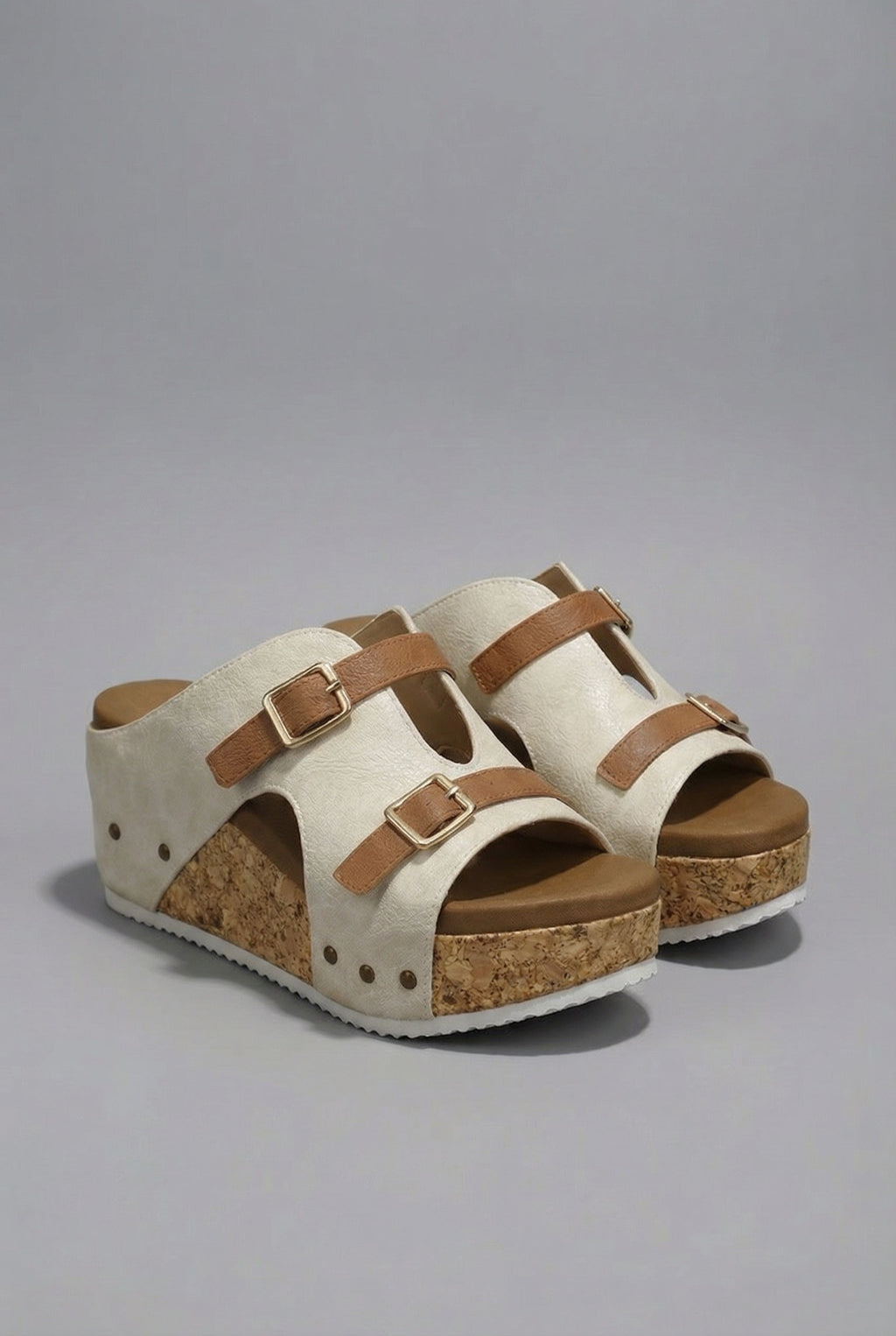 Sandales compensées à double boucle pour femme, semelle en liège, bout ouvert