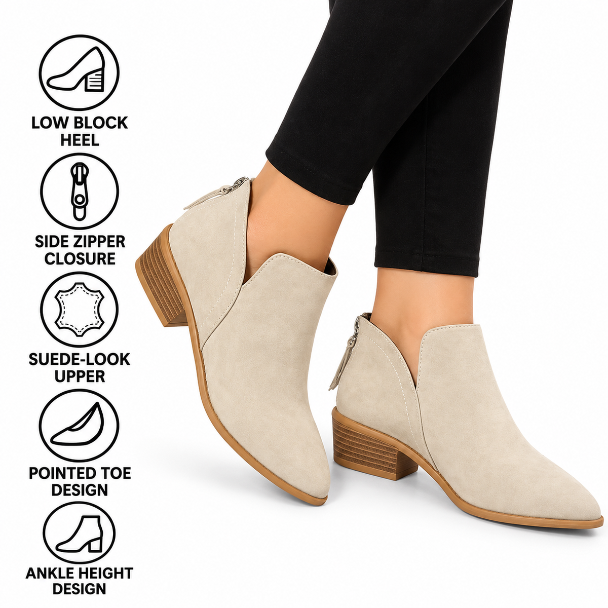 Botine minimaliste confortabile pentru femei – toc bloc jos, închidere cu fermoar lateral