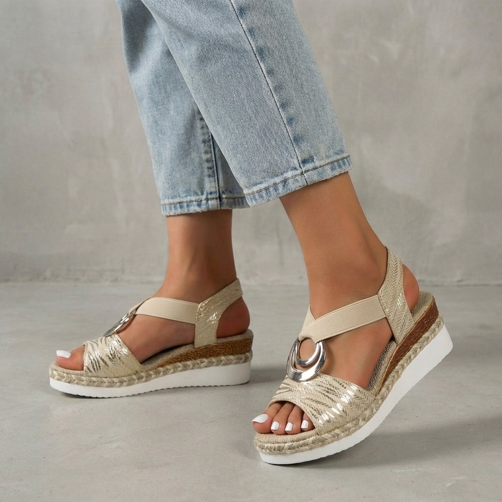 Dámské espadrilky na klínku s elastickým páskem na kotníku, otevřenou špičkou a platformou, volnočasové boty