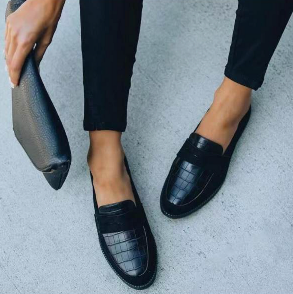 Dames læder loafers med krokodillemønster, slip-on sko