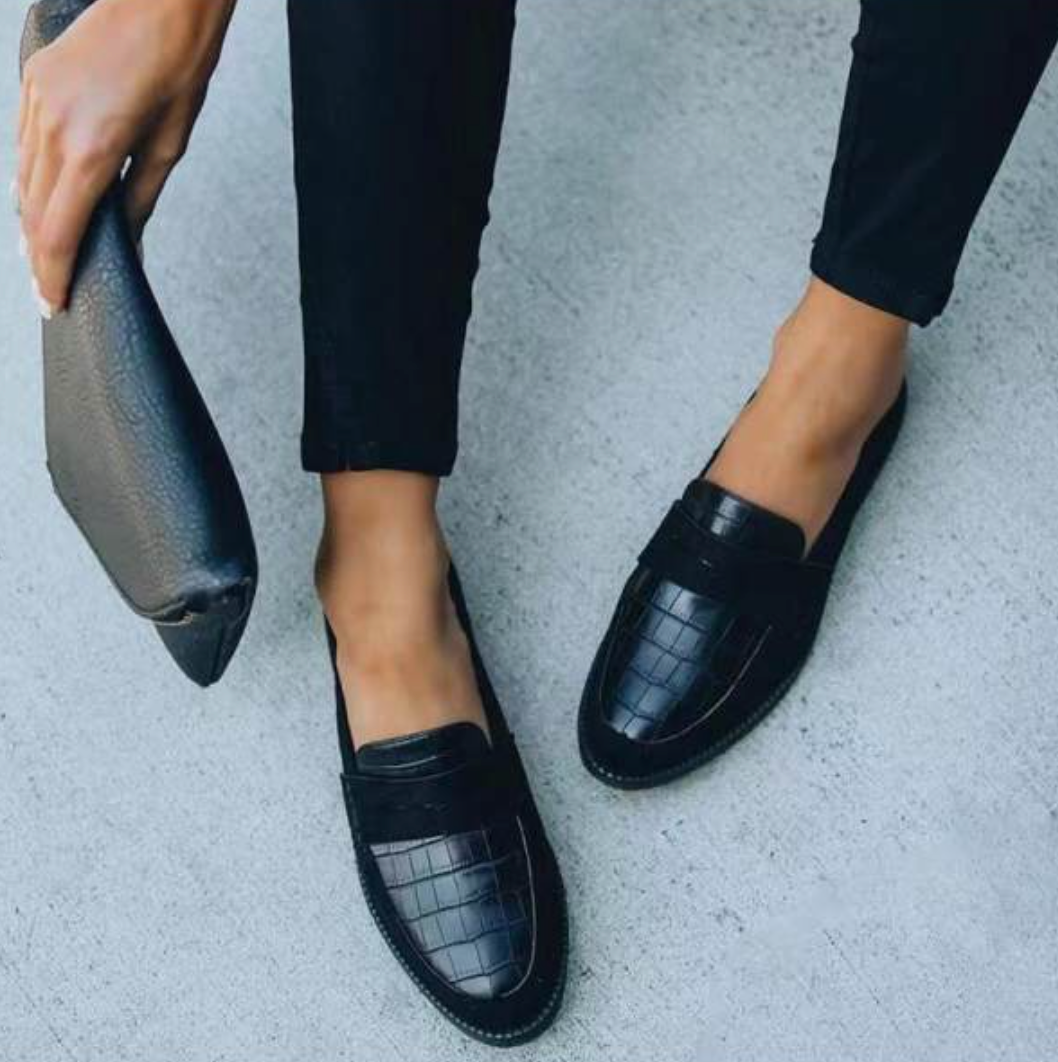 Dames læder loafers med krokodillemønster, slip-on sko