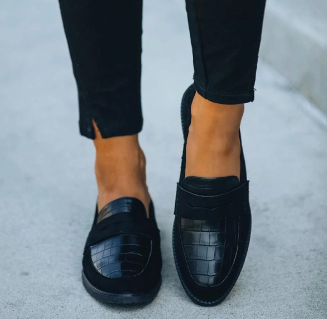 Dames læder loafers med krokodillemønster, slip-on sko