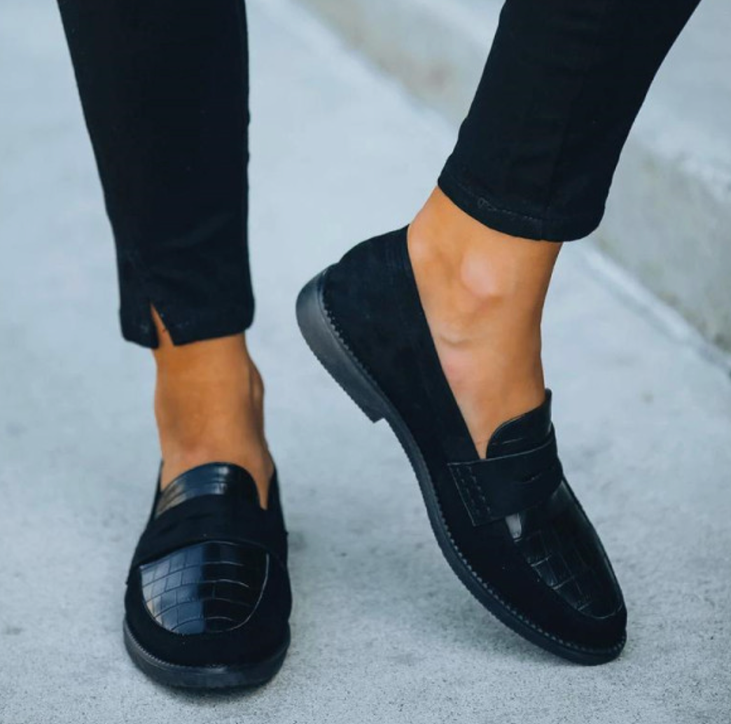 Dames læder loafers med krokodillemønster, slip-on sko