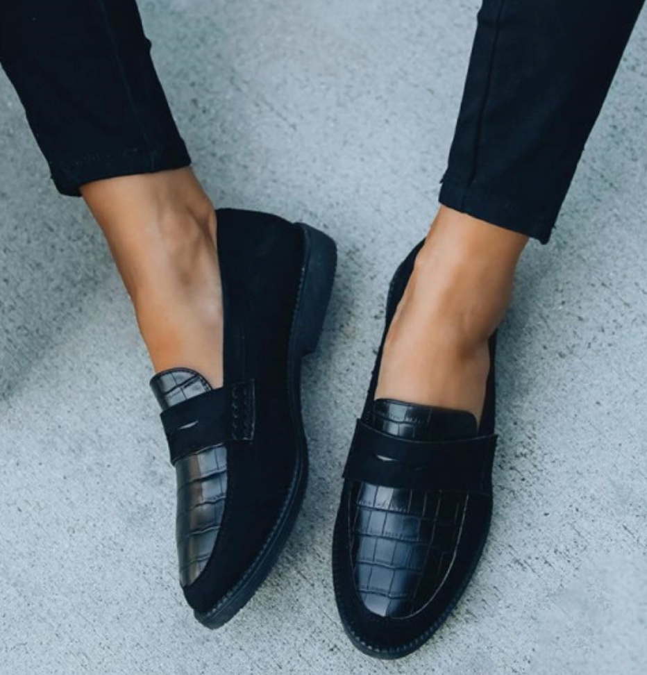 Dames læder loafers med krokodillemønster, slip-on sko