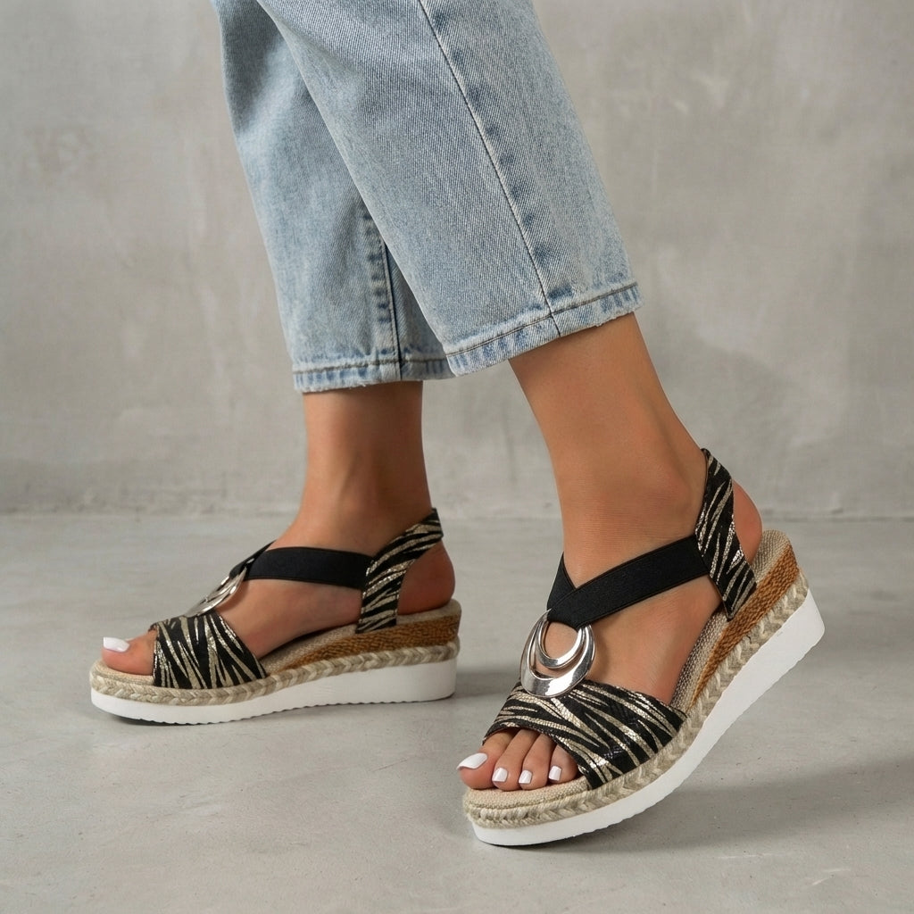 Sandales compensées espadrilles pour femmes avec bride élastique à la cheville, bout ouvert, chaussures décontractées à plateforme