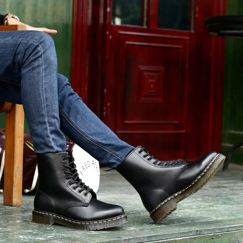 Unisex Genuine Leather Ankle Boots Fleece Lined Platform Motorcycle Boots