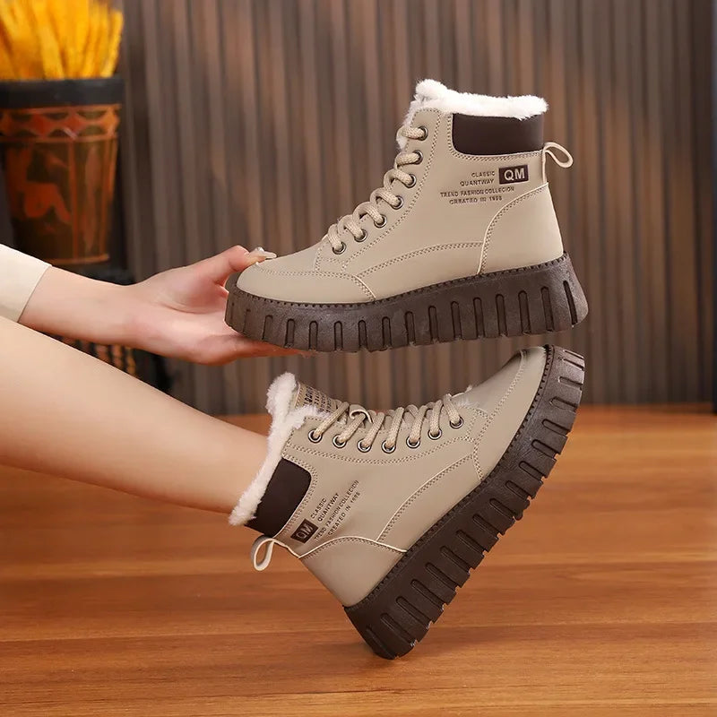 Women's Fleece-Lined Snow Boots Lace-Up Platform Winter Ankle Shoes
