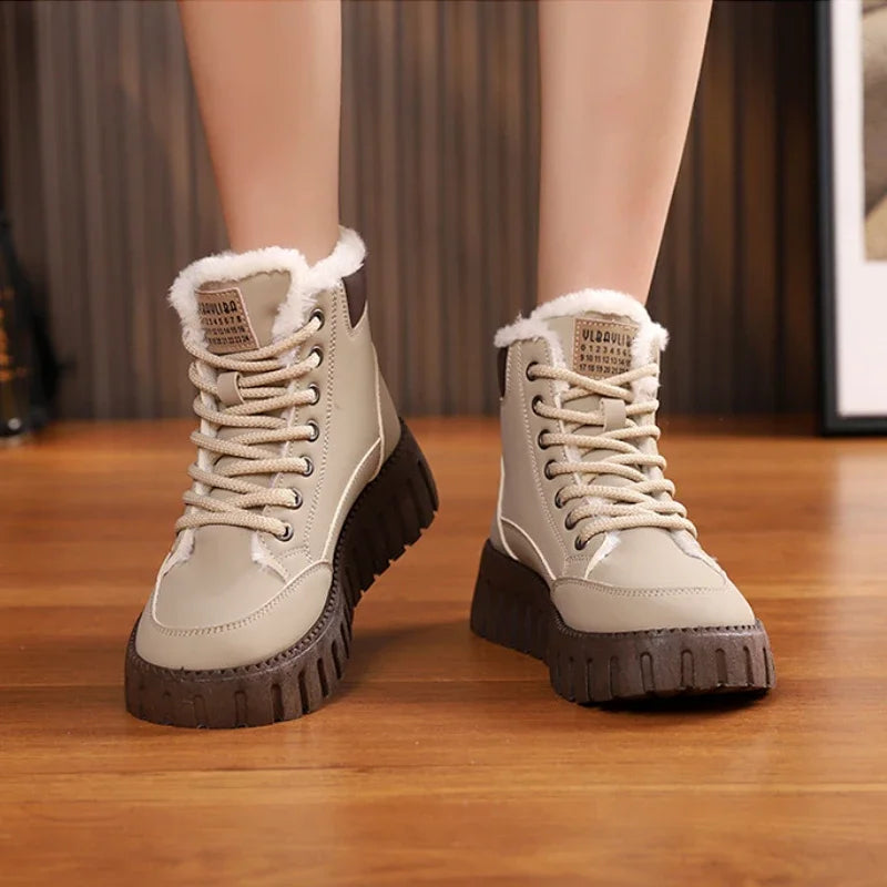 Women's Fleece-Lined Snow Boots Lace-Up Platform Winter Ankle Shoes