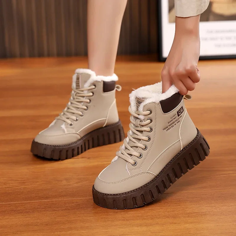 Women's Fleece-Lined Snow Boots Lace-Up Platform Winter Ankle Shoes