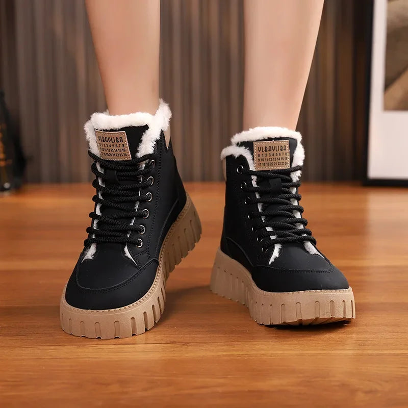 Women's Fleece-Lined Snow Boots Lace-Up Platform Winter Ankle Shoes