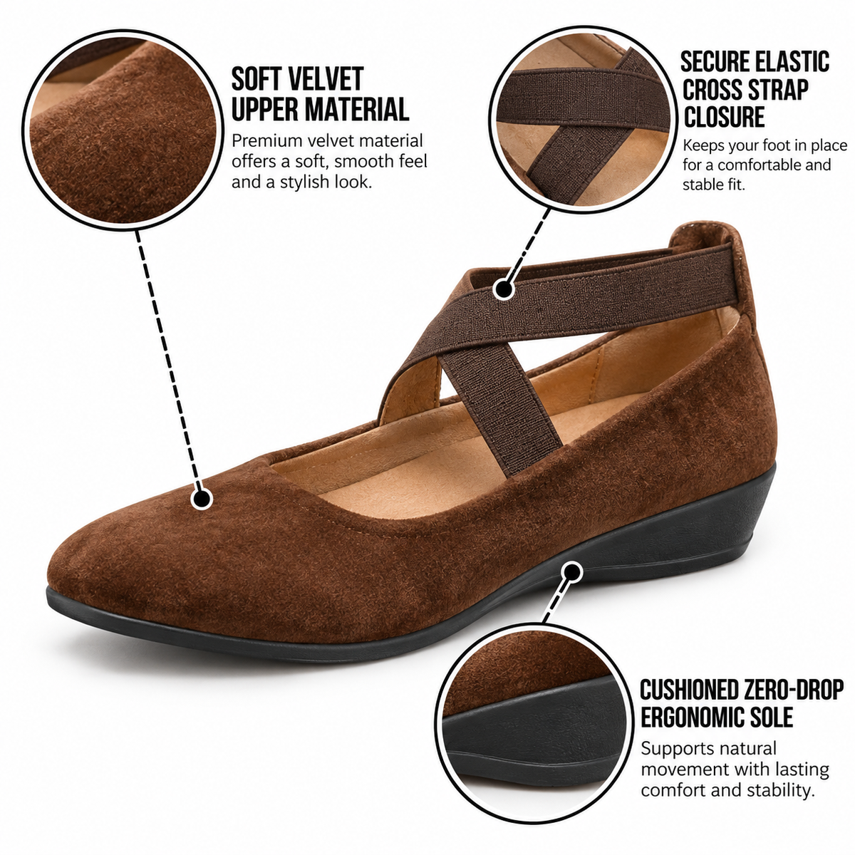 Dame ortopædiske fløjls Mary Jane-ballerinasko med krydsrem og slip-on design
