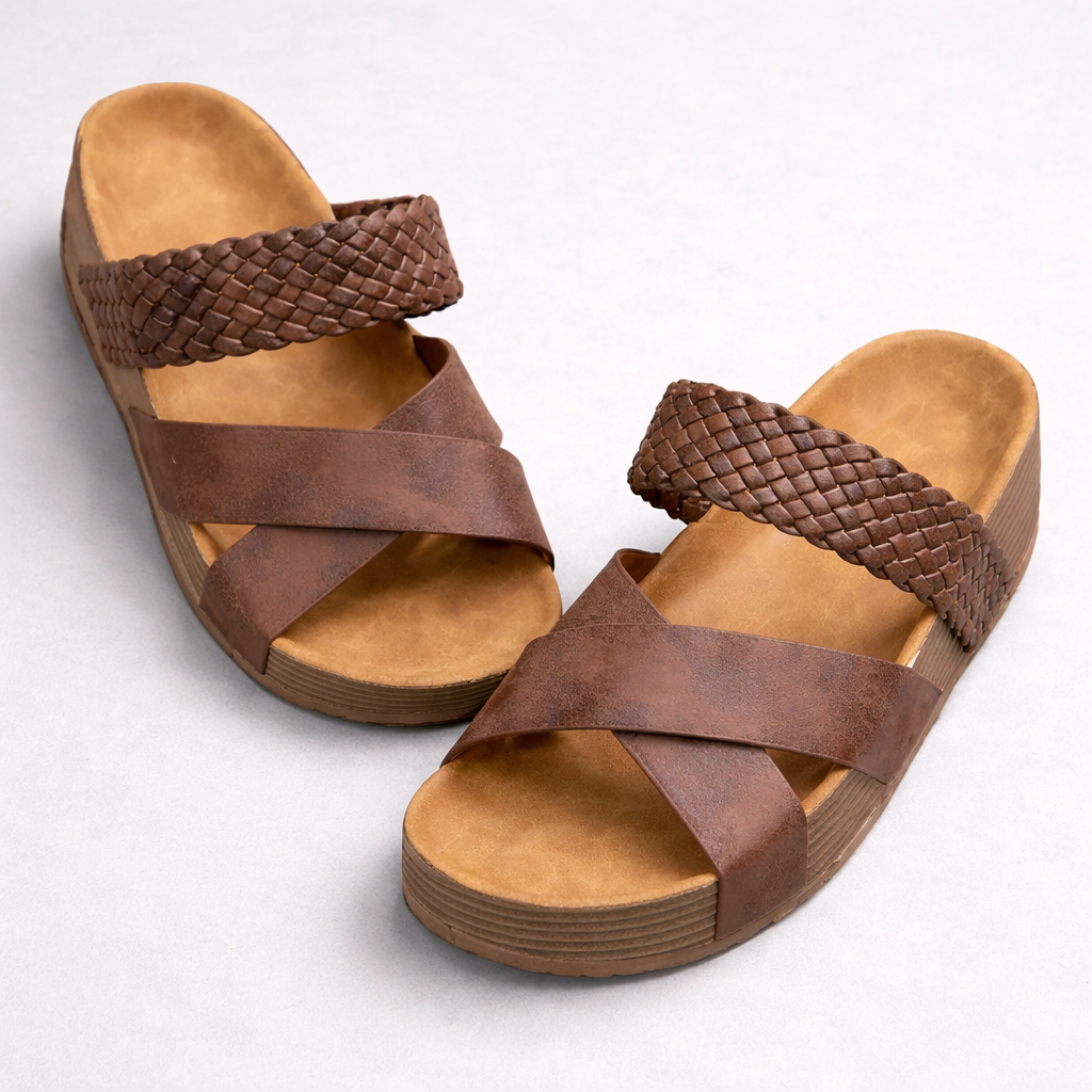 Dámské ortopedické sandály s proplétanými křížovými pásky a klínovou platformou