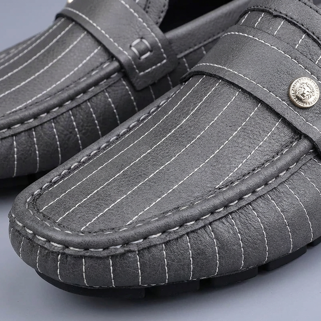 Men’s Genuine Leather Loafers Striped Cow Leather Slip-On Moccasins with Rubber Sole