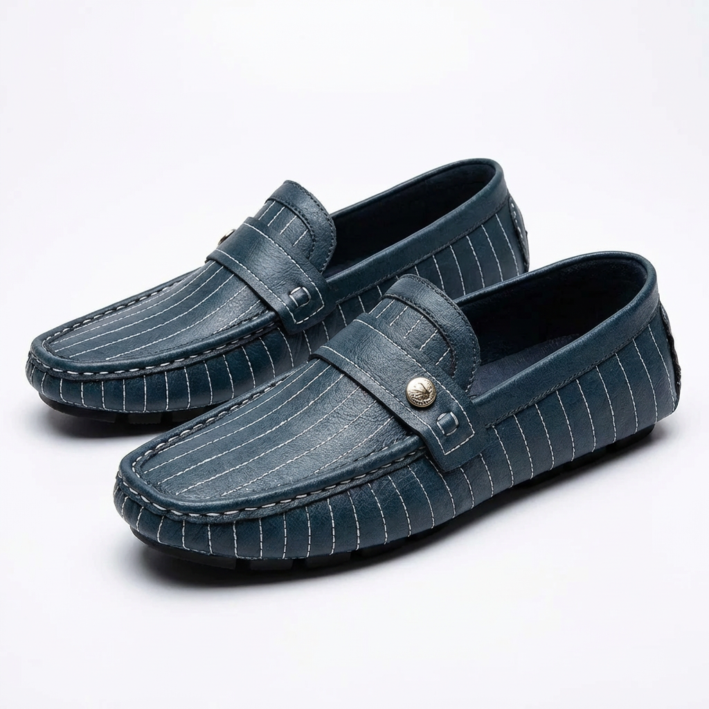 Men’s Genuine Leather Loafers Striped Cow Leather Slip-On Moccasins with Rubber Sole