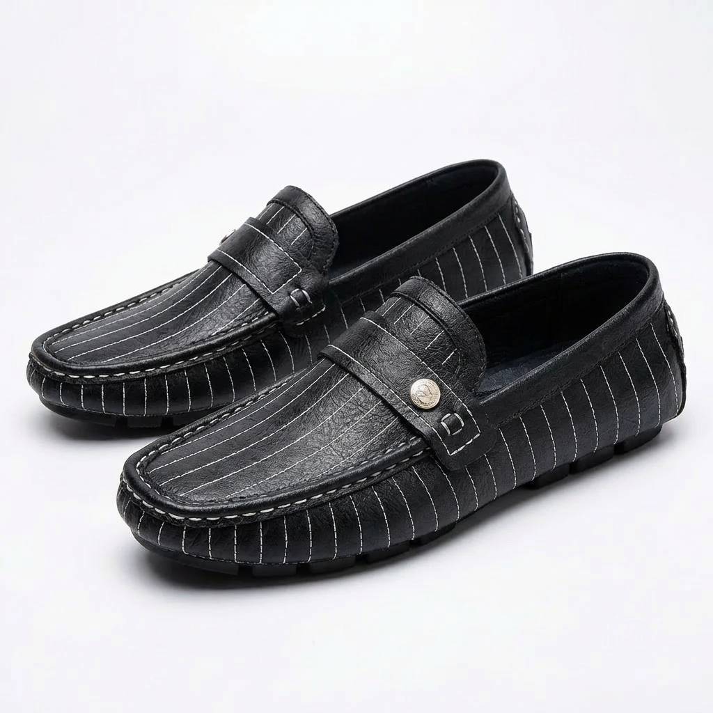 Men’s Genuine Leather Loafers Striped Cow Leather Slip-On Moccasins with Rubber Sole