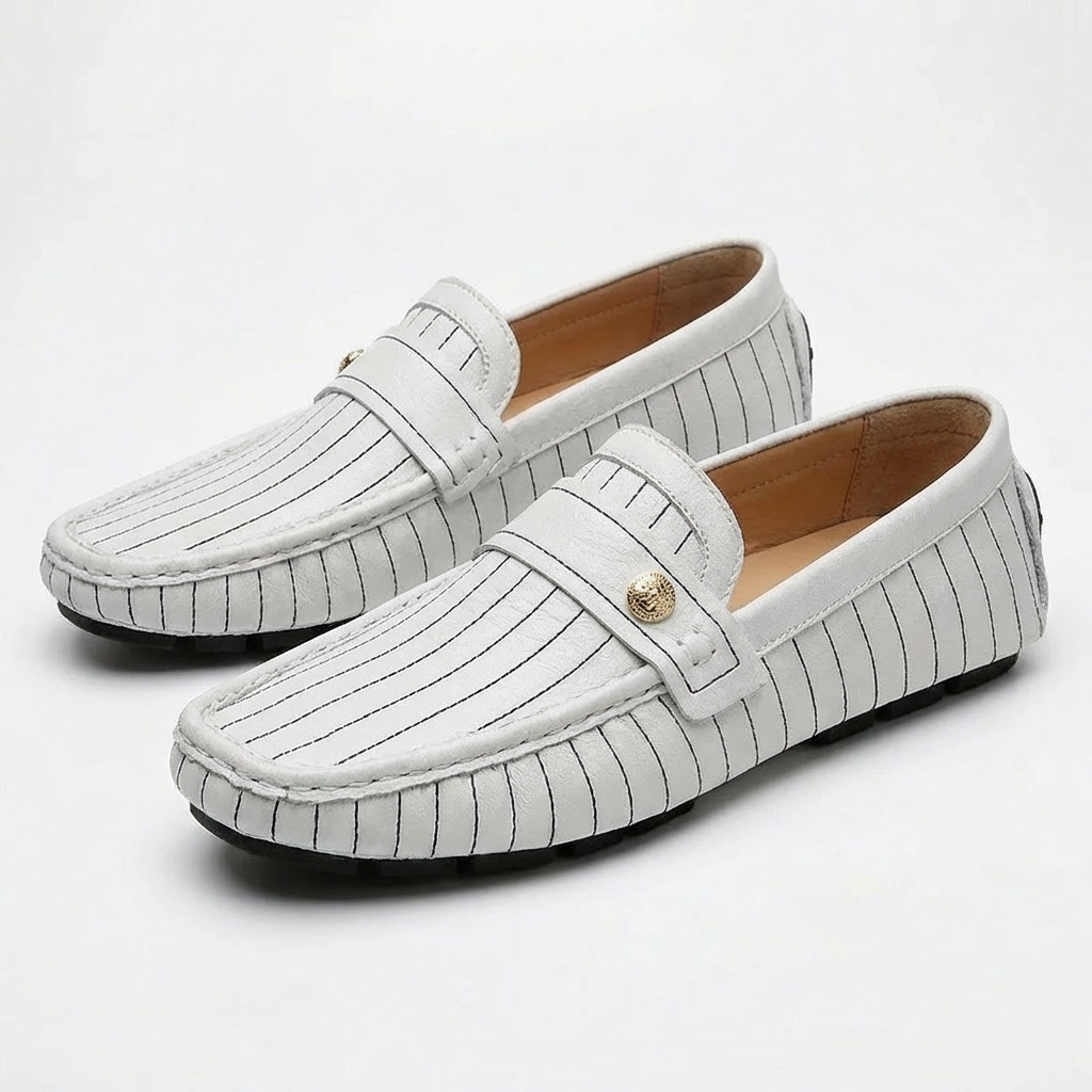 Men’s Genuine Leather Loafers Striped Cow Leather Slip-On Moccasins with Rubber Sole