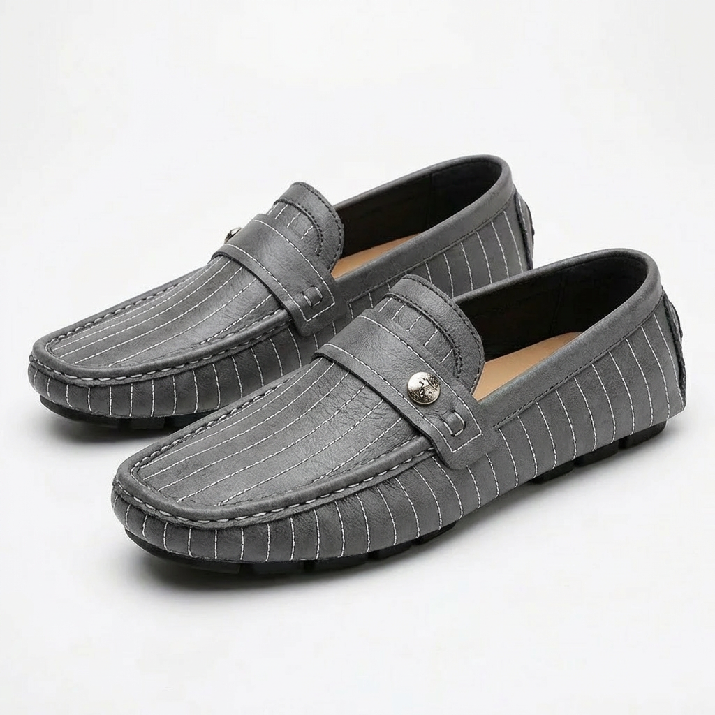 Men’s Genuine Leather Loafers Striped Cow Leather Slip-On Moccasins with Rubber Sole