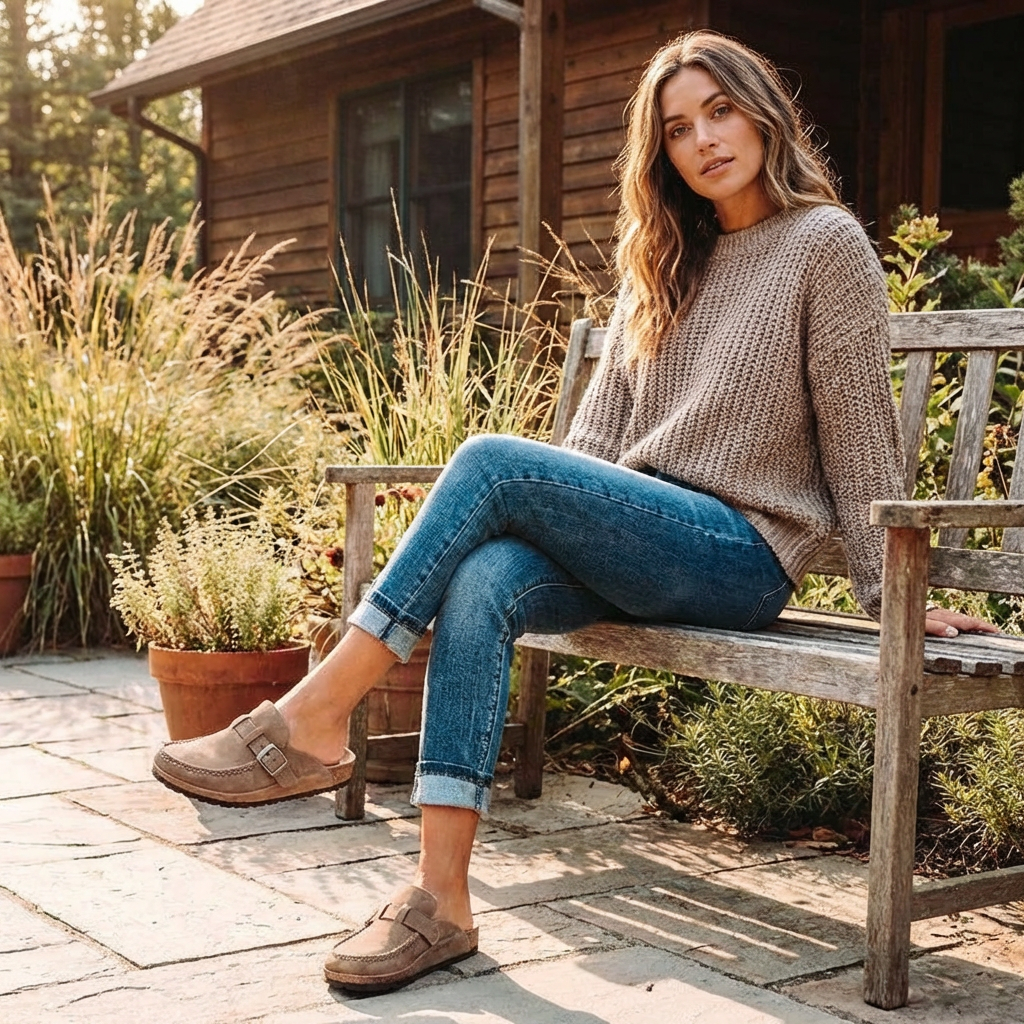 Women’s Suede Mules Microfiber Leather Clogs with Adjustable Buckle and Rubber Sole