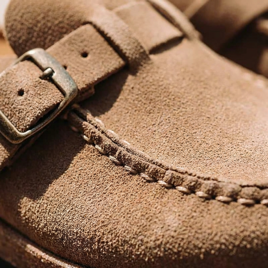 Women’s Suede Mules Microfiber Leather Clogs with Adjustable Buckle and Rubber Sole