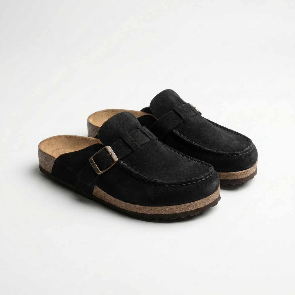 Women’s Suede Mules Microfiber Leather Clogs with Adjustable Buckle and Rubber Sole