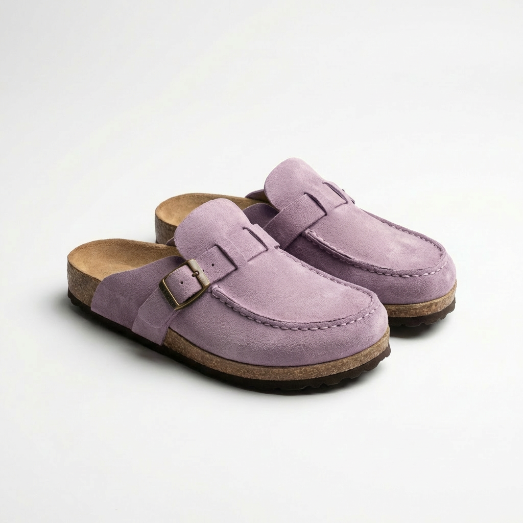 Women’s Suede Mules Microfiber Leather Clogs with Adjustable Buckle and Rubber Sole