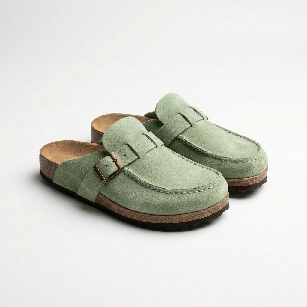 Women’s Suede Mules Microfiber Leather Clogs with Adjustable Buckle and Rubber Sole