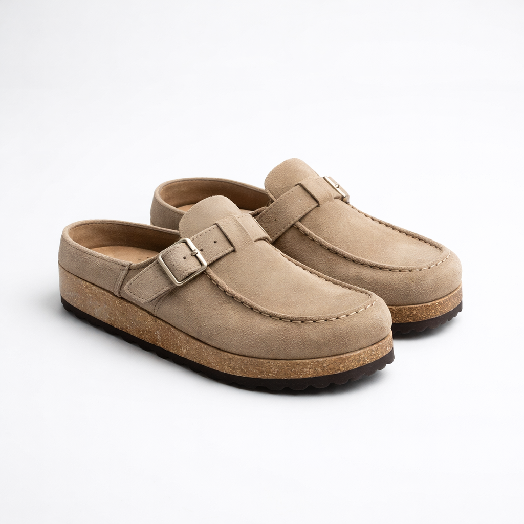 Mules en daim pour femmes avec semelle ergonomique et boucle décorative Sabots rétro