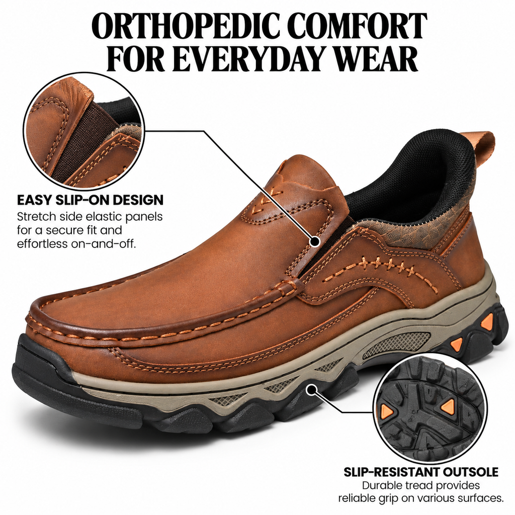 Herres ortopædiske slip-on sko i læder til afslappet gang