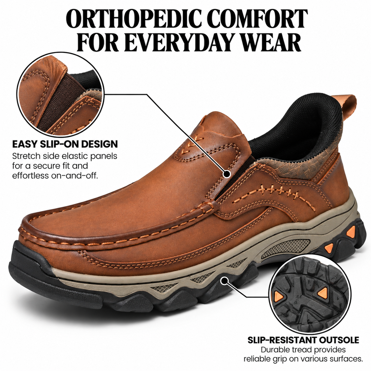 Herres ortopædiske slip-on sko i læder til afslappet gang