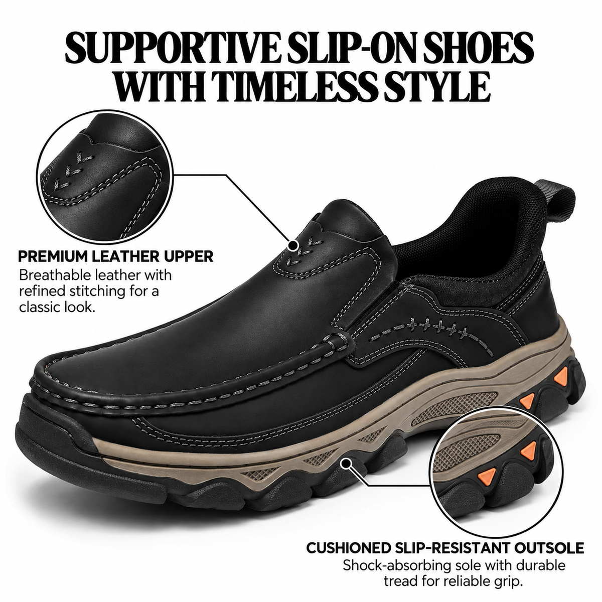 Herres ortopædiske slip-on sko i læder til afslappet gang