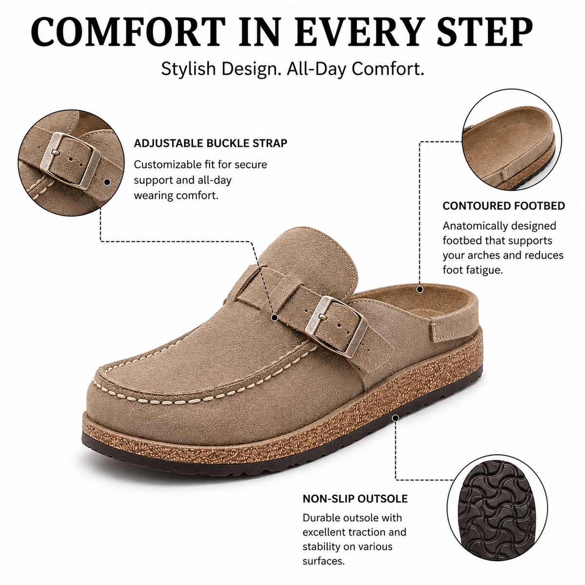 Women's Orthopedic Suede Mules – Elevated Platform & Adjustable Buckle Closure