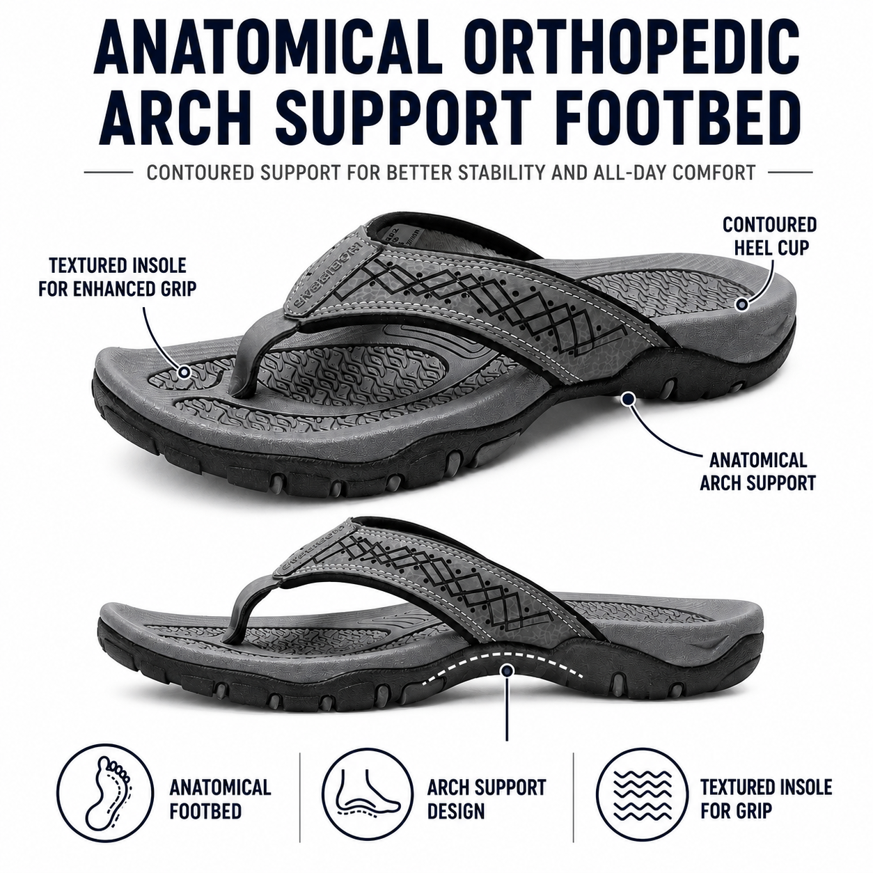 Orthopedic Men's Athletic Flip Flops with Arch Support PU Leather Beach Sandals