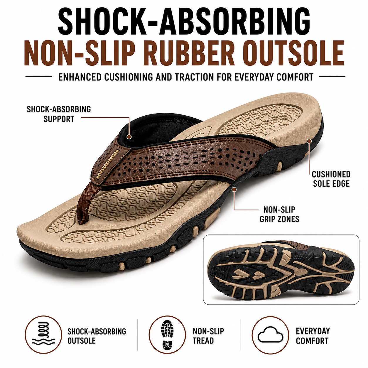 Orthopedic Men's Athletic Flip Flops with Arch Support PU Leather Beach Sandals